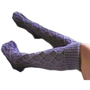 LAST PAIR KNEE HIGH SOCKS PURPLE KNITTED POMPOMS